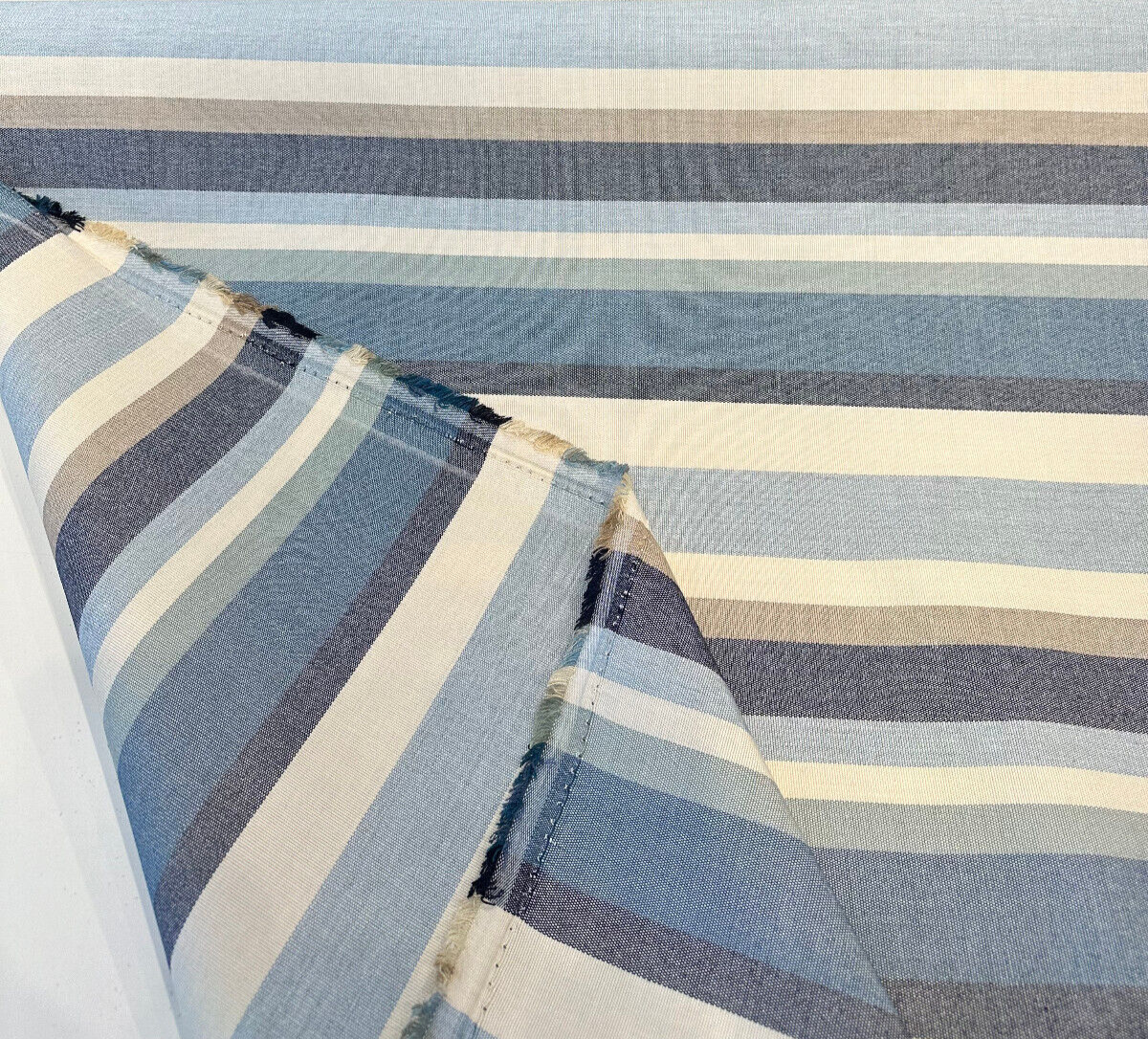 Sunbrella Scope Cape Solution Dyed Acrylic Fabric - Blue, Tan, Brown, Beige, Black Stripes, 54" Width (1 Yard)