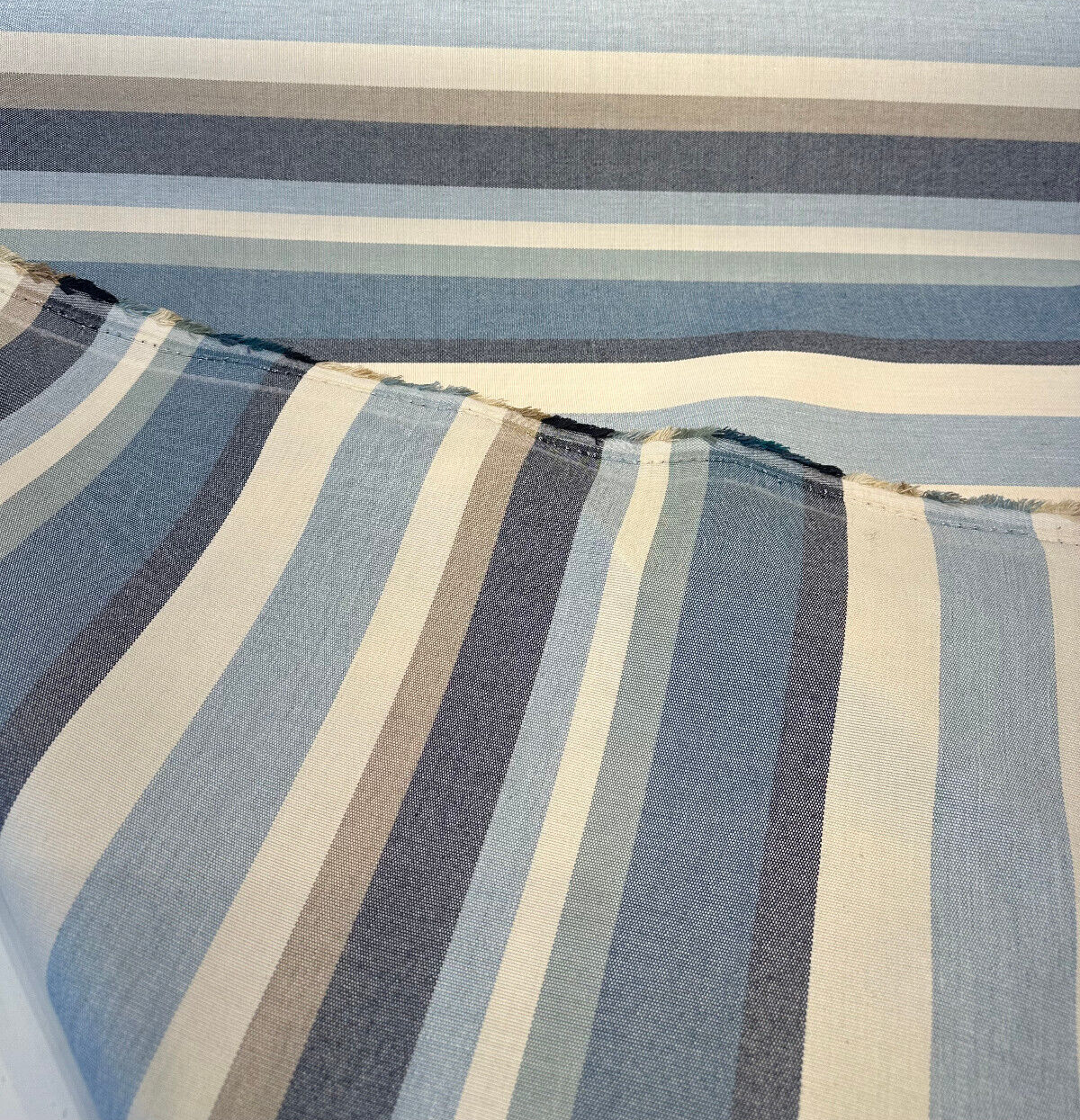 Sunbrella Scope Cape Solution Dyed Acrylic Fabric - Blue, Tan, Brown, Beige, Black Stripes, 54" Width (1 Yard)