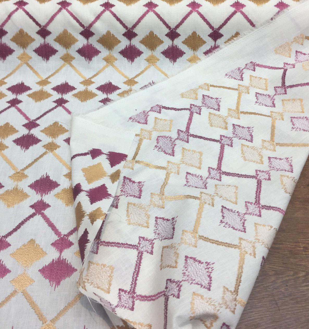 Bali Embroidered Raspberry Lavander And Gold Polyester Cotton Fabric - Raspberry And Gold On White Background, Linen Look, 45% Cotton / 55% Polyester, 4" Horizontal Repeat, 9.5" Vertical Repeat (1 Yard)