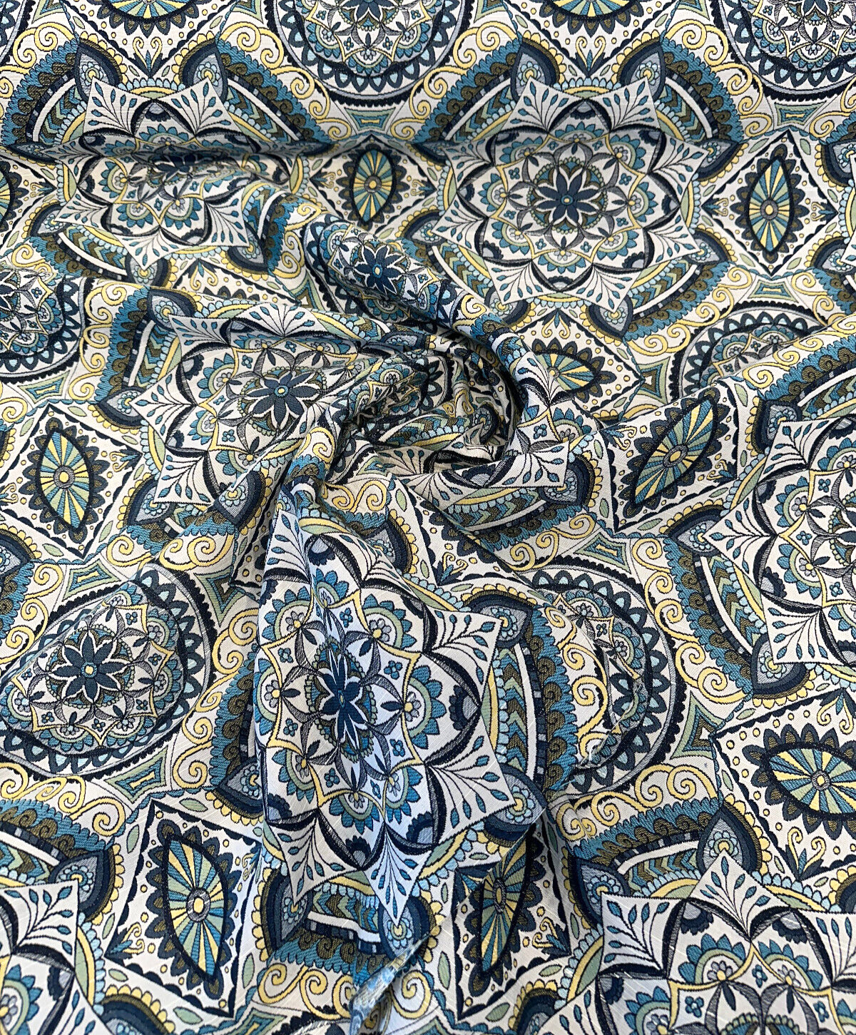 Ornate Mandala Teal Jacquard Fabric - Teal, Navy Blue, Gold Mandala Pattern, 57" Width (1 Yard)