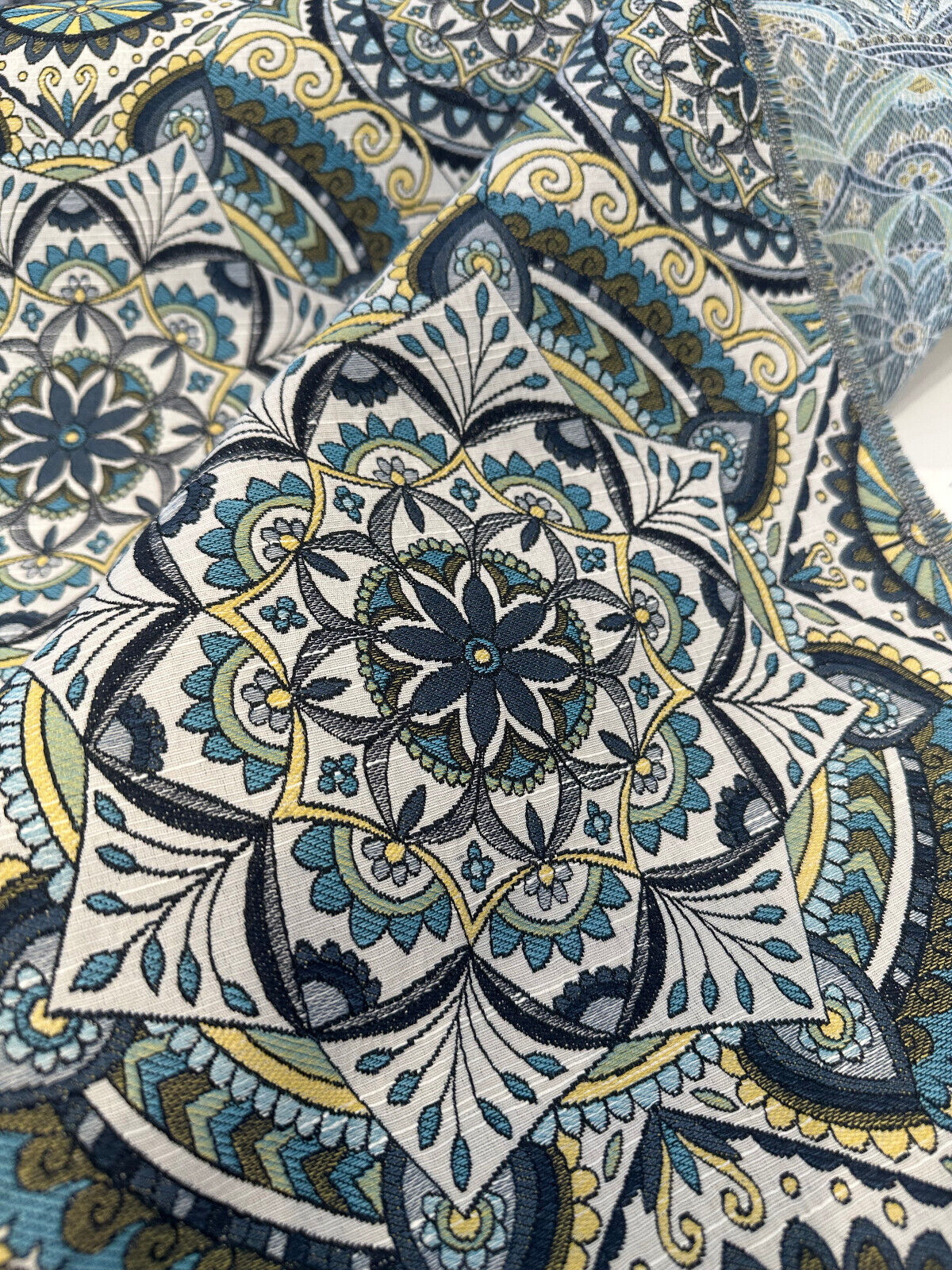 Ornate Mandala Teal Jacquard Fabric - Teal, Navy Blue, Gold Mandala Pattern, 57" Width (1 Yard)