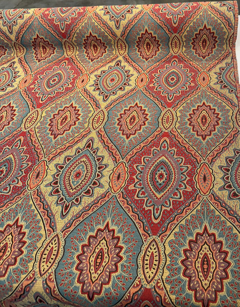 Vintage Medallion Cayenne Jacquard Fabric - Red, Teal, Gold, Green Medallion Pattern, 56" Width (By The Yard)
