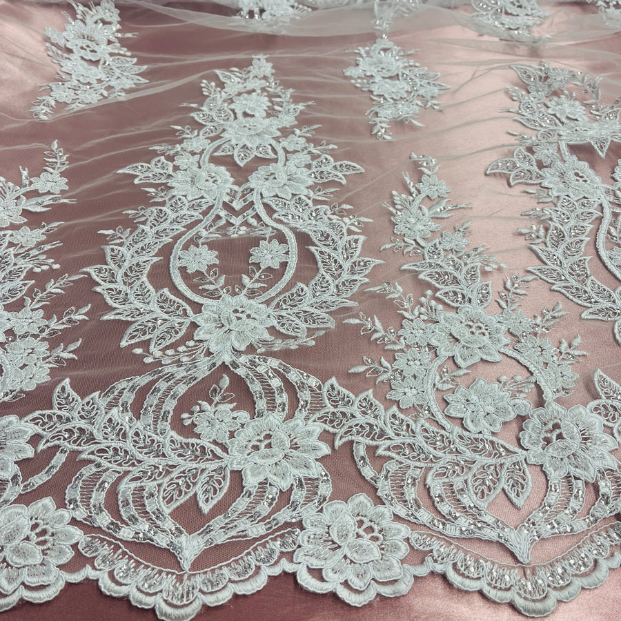 1 Yard Beaded and Corded Bridal Lace Fabric Embroidered on Polyester Net Mesh White and Ivory