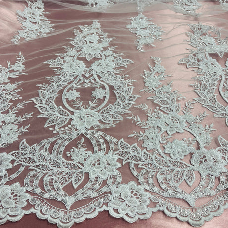 1 Yard Beaded and Corded Bridal Lace Fabric Embroidered on Polyester Net Mesh White and Ivory