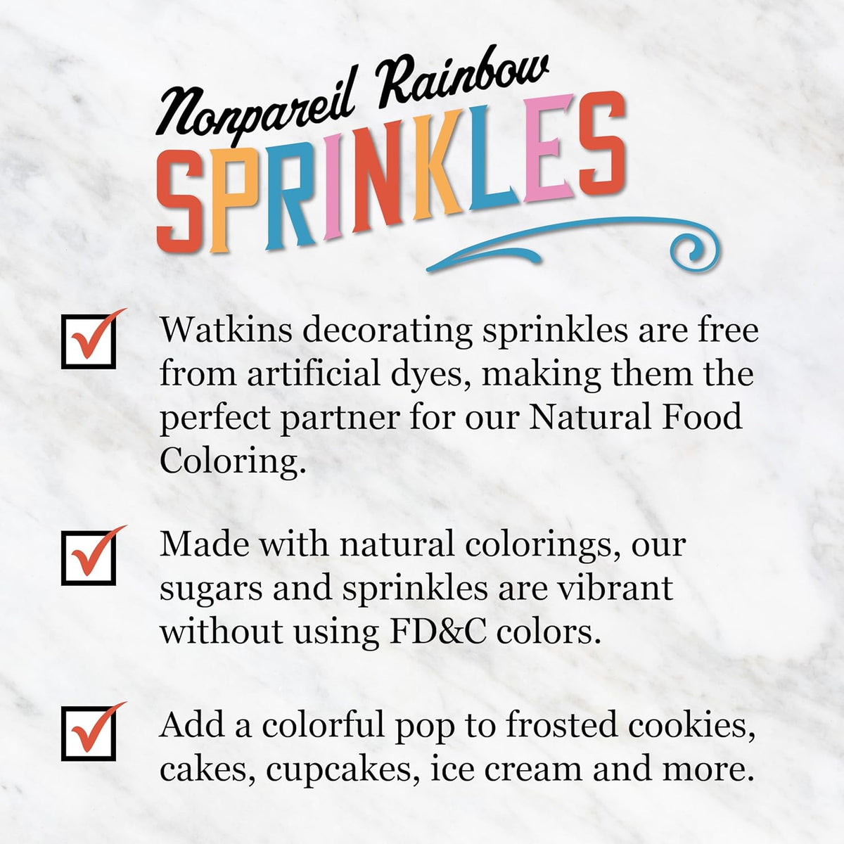 Watkins Rainbow Nonpareils Decorating Sugar, Non-GMO, Kosher, 4.2 Ounce Jar Dye Free
