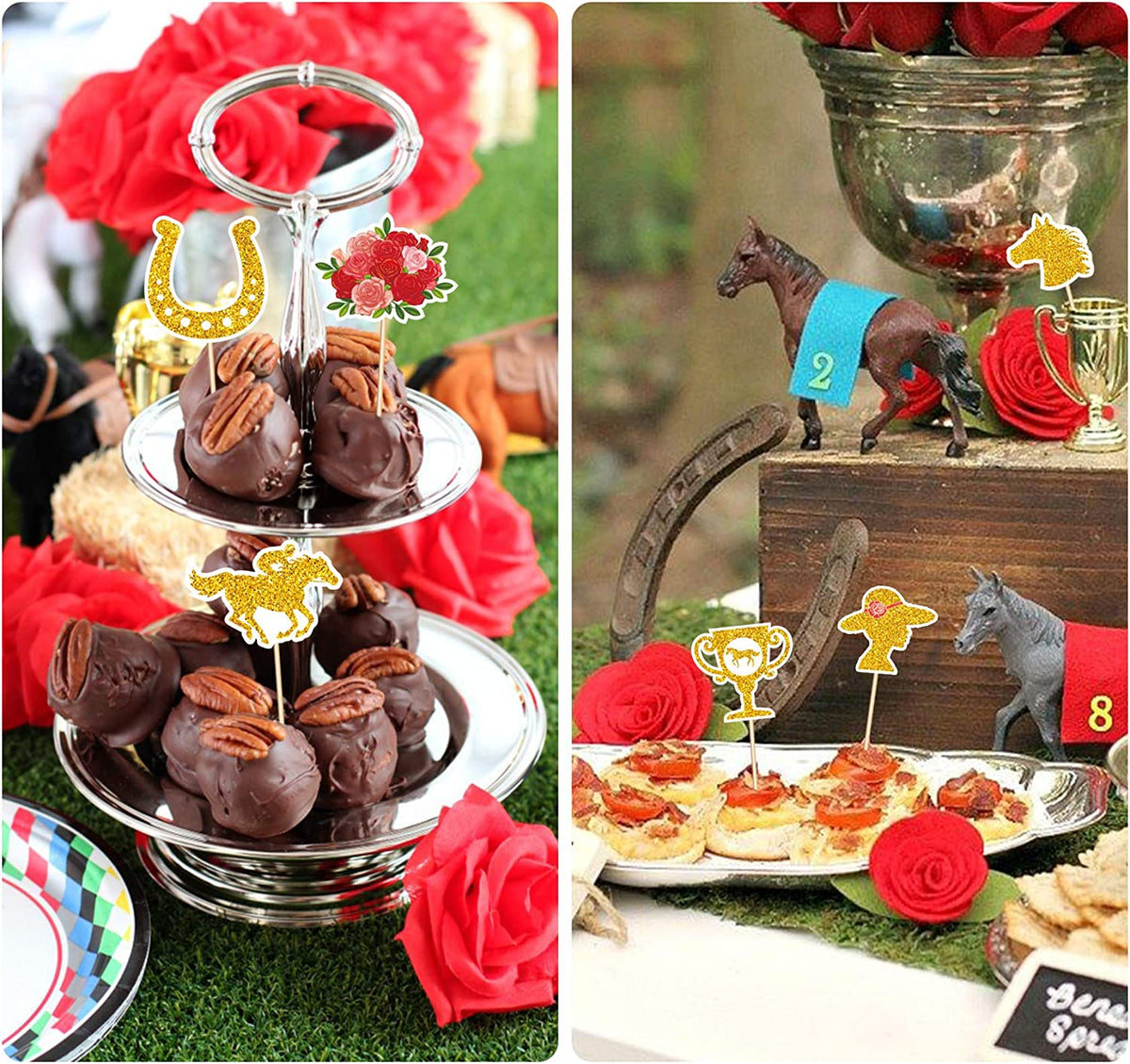 Kentucky Derby horse race-themed food & cupcake 12 piece Gold topper picks set