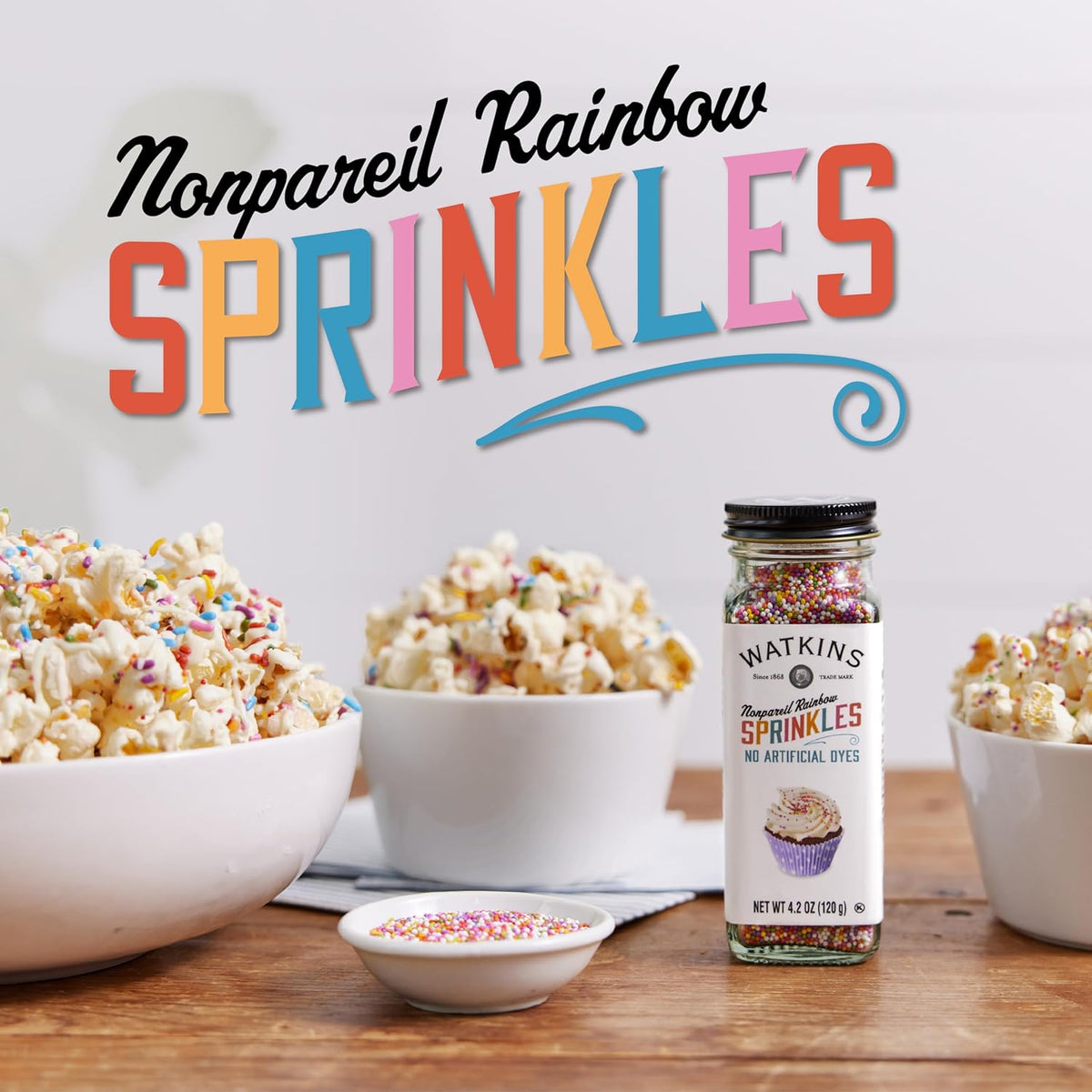 Watkins Rainbow Nonpareils Decorating Sugar, Non-GMO, Kosher, 4.2 Ounce Jar Dye Free