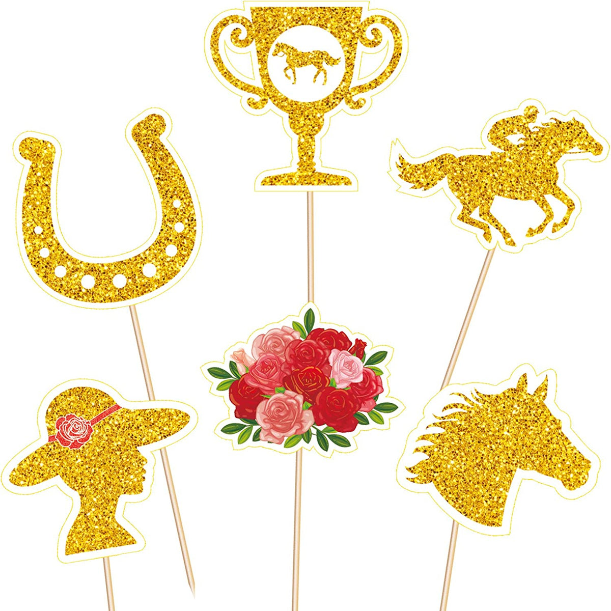 Kentucky Derby horse race-themed food & cupcake 12 piece Gold topper picks set