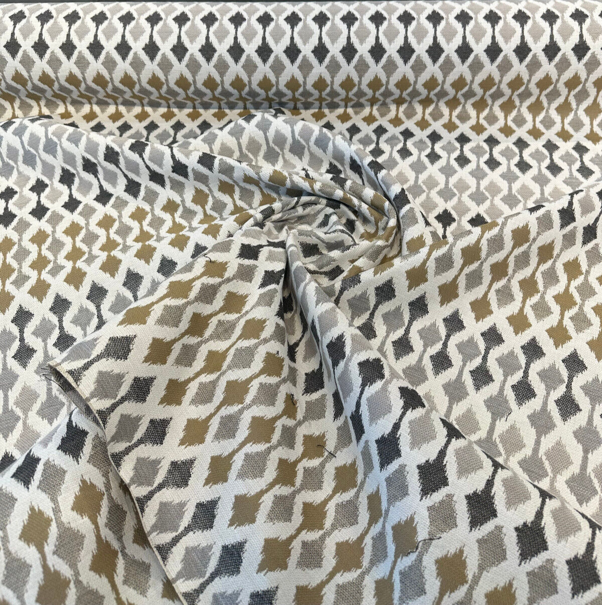 Divide Mocha Acrylic Fabric - Ivory, Gray Charcoal, Toast Brown Small-Scale Ikat, 54" Width (1 Yard)