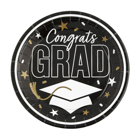 9" Graduation Party Black Congrats Grad Round Paper Dinner Plates 25 Ct.