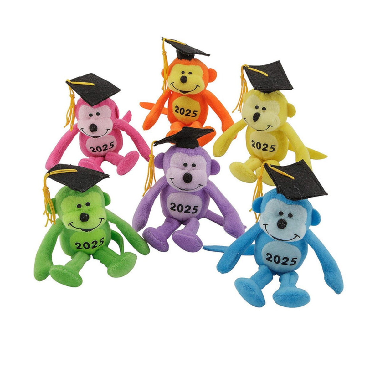 6" Graduation Class of 2025 Neon Multicolor Stuffed Monkeys 12 Pc.