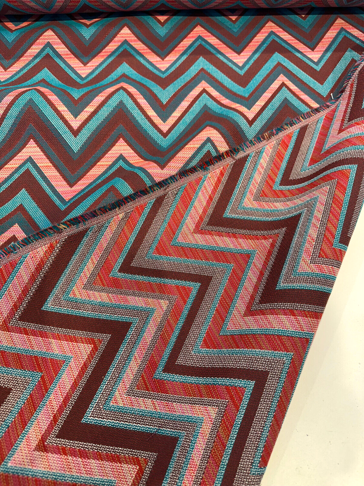 Fischer Carnival Sunbrella Solution Dyed Acrylic Fabric - Chevron, Red/Turquoise/Teal/Pink/Brown, 54" Width, 18" Vertical Repeat, 14" Horizontal Repeat (1 Yard)