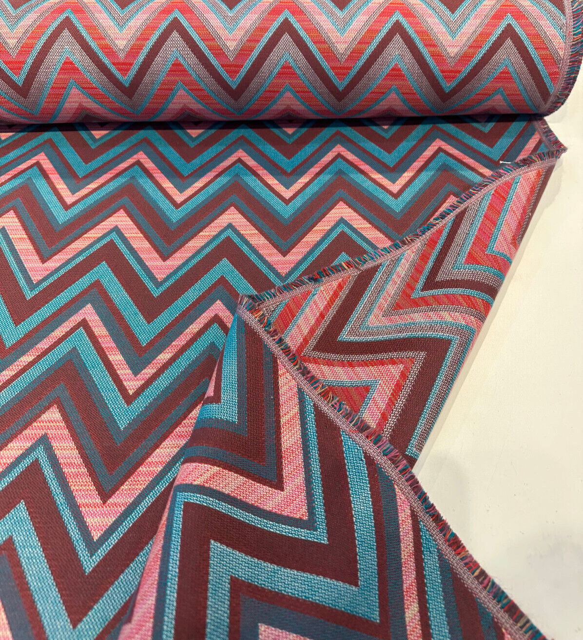 Fischer Carnival Sunbrella Solution Dyed Acrylic Fabric - Chevron, Red/Turquoise/Teal/Pink/Brown, 54" Width, 18" Vertical Repeat, 14" Horizontal Repeat (1 Yard)