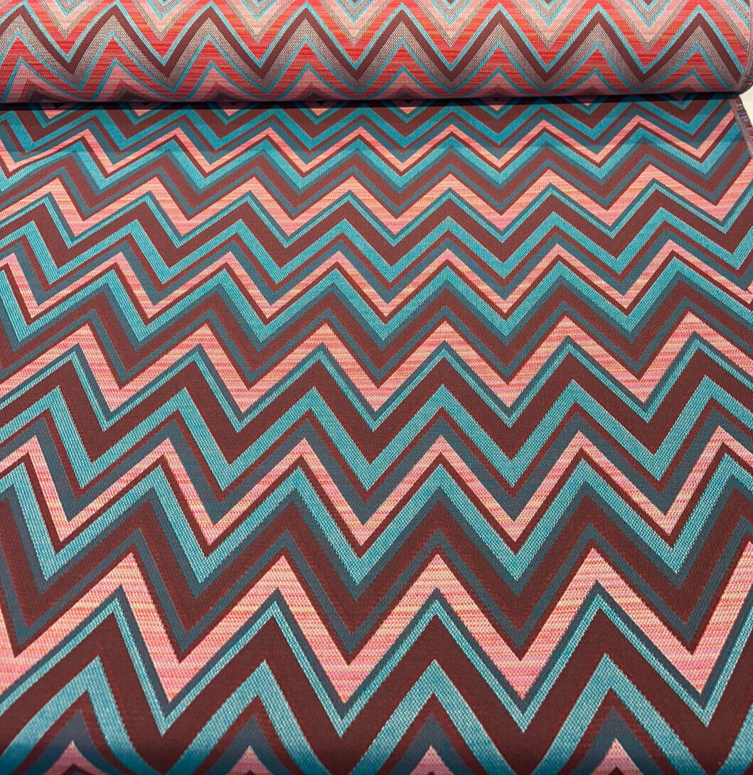 Fischer Carnival Sunbrella Solution Dyed Acrylic Fabric - Chevron, Red/Turquoise/Teal/Pink/Brown, 54" Width, 18" Vertical Repeat, 14" Horizontal Repeat (1 Yard)