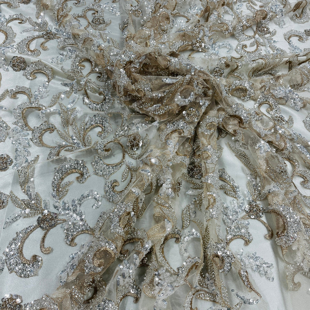 1 Yard Champagne Beaded Lace Fabric Embroidered on Polyester Mesh, 53" Wide,