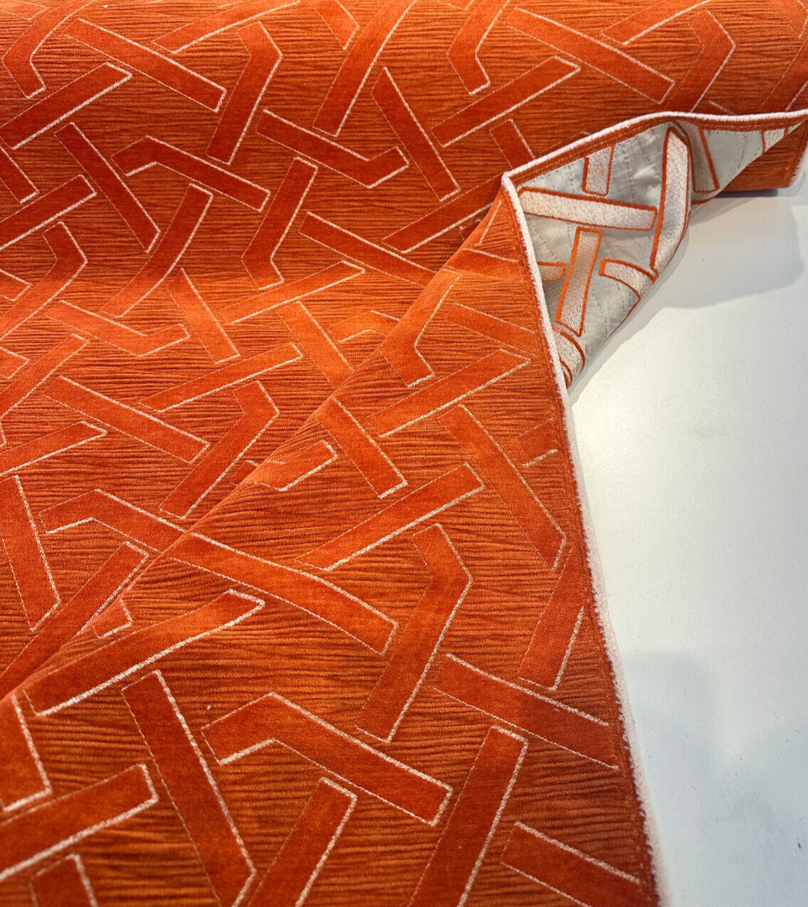 Zara Orange Marmalade Velvet Fabric - Geometric Diamond Pattern, Orange With Silver Beige Lines, 56" Width (1 Yard)