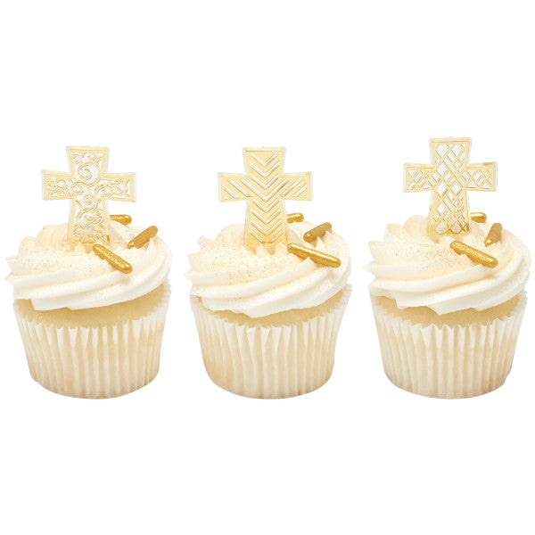 Gold Cross Assortment Cupcake Decorating Pics Toppers 12 set