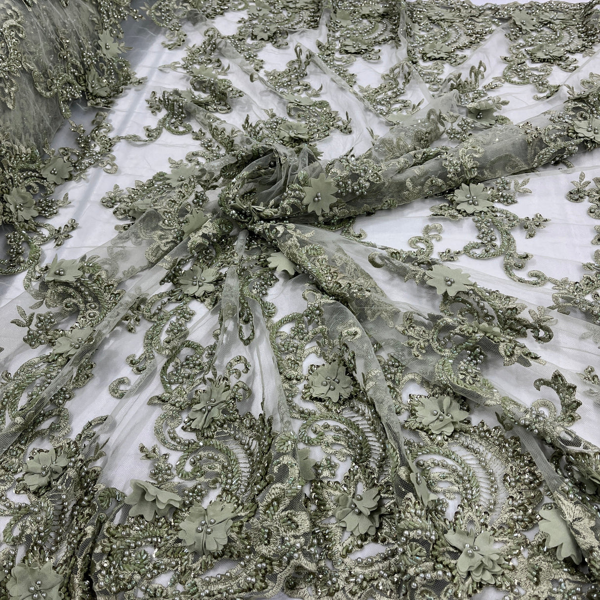 Beaded Floral Lace Fabric 3D Embroidered Net Mesh 52" Wide