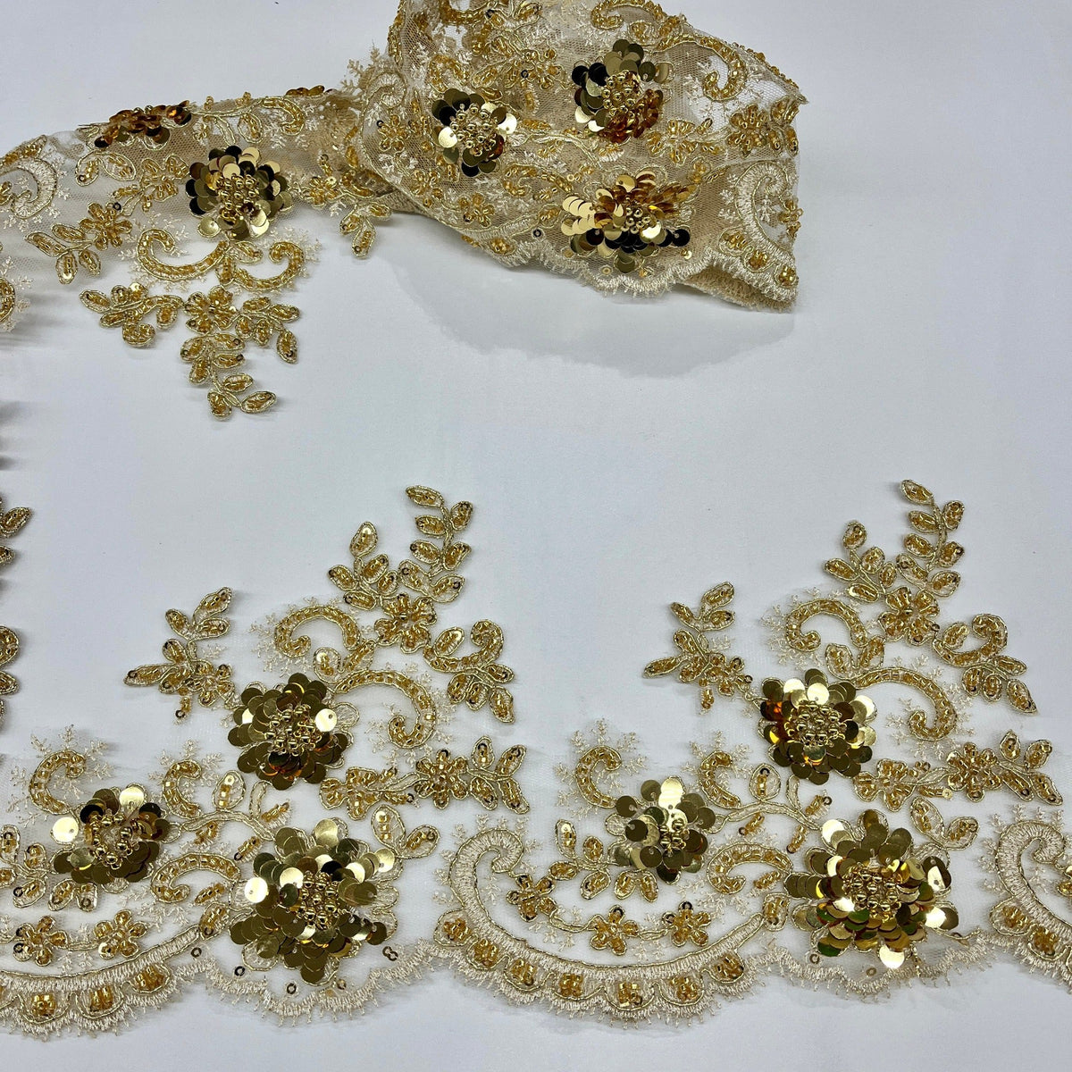 1 Yard Elegant Beaded & Corded Floral Lace Trimming on 100% Polyester Net Mesh