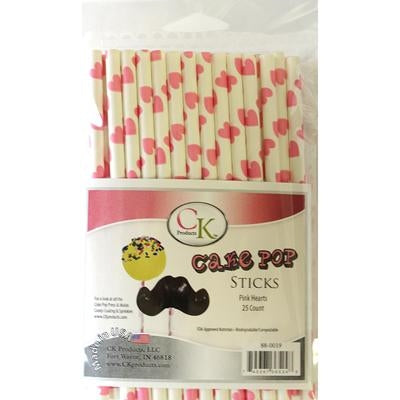 Pink Hearts 6" Cake Pop Sticks - 25 Count