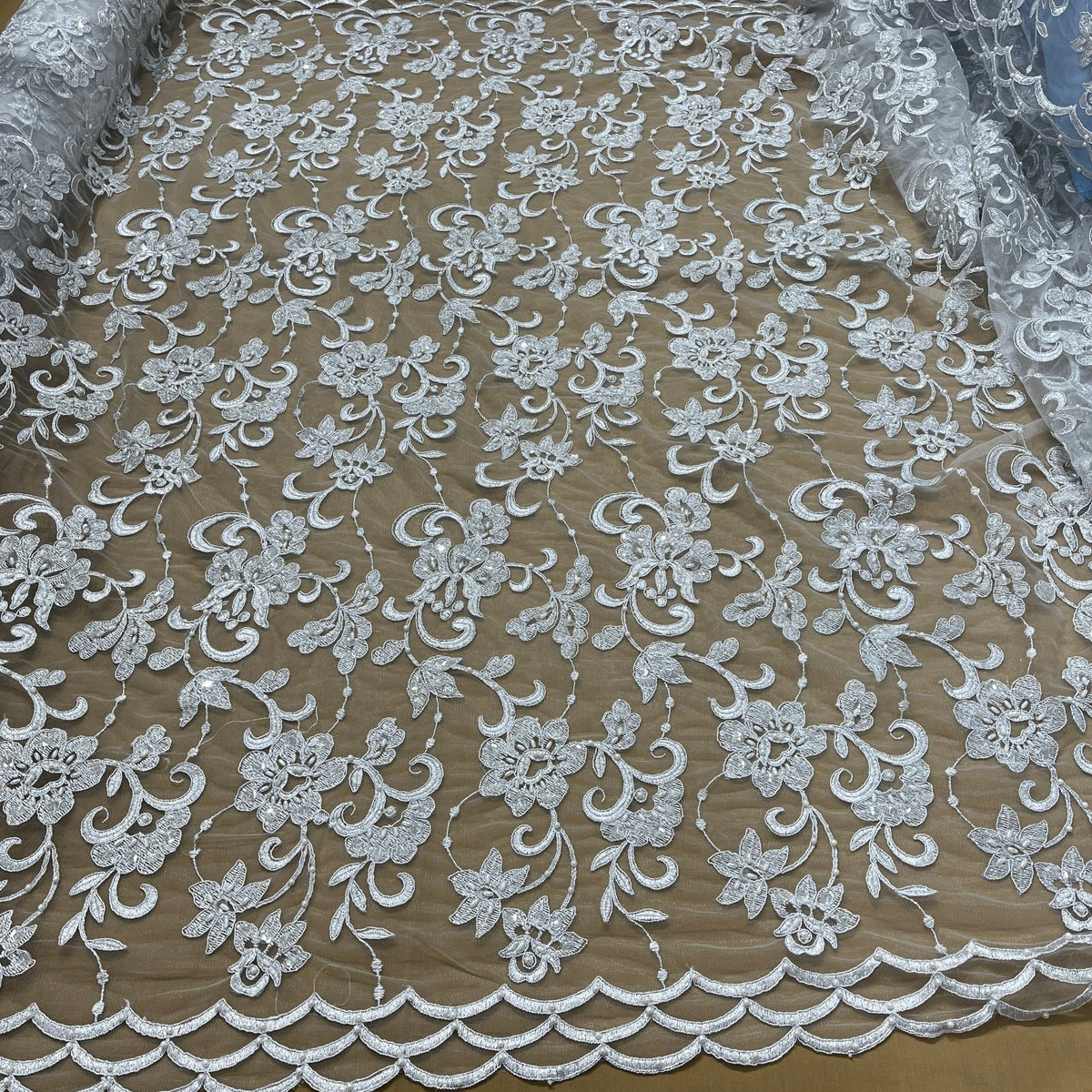 1 Yard Beaded & Corded Bridal Lace Fabric on 100% Polyester Net Mesh, Elegant Embroidered Design
