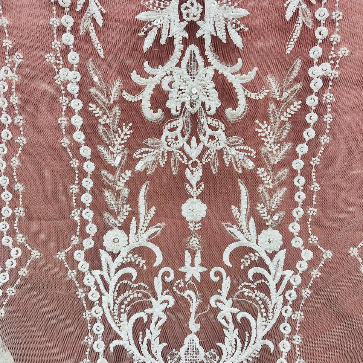 Beaded Lace Fabric Embroidered On 100 Percent Polyester Net Mesh - Off White, Antique Silver, White, 50" Wide (1 Yard)