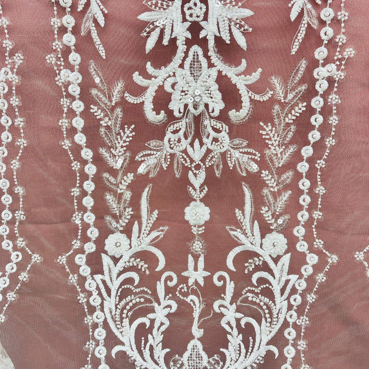 1 Yard Beaded Lace Embroidered 100% Polyester Net Sheer Bridal & Evening Dress Fabric