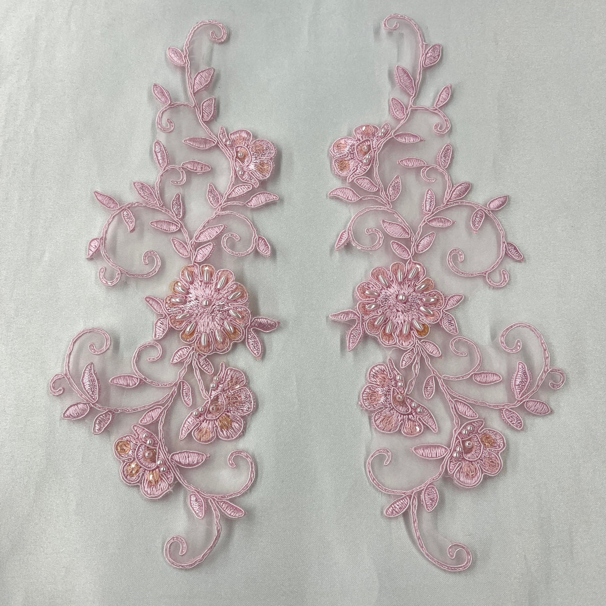 1 Yard Beaded and Corded Floral Lace Applique 9" x 2.5" Each Side Embroidered on 100% Polyester