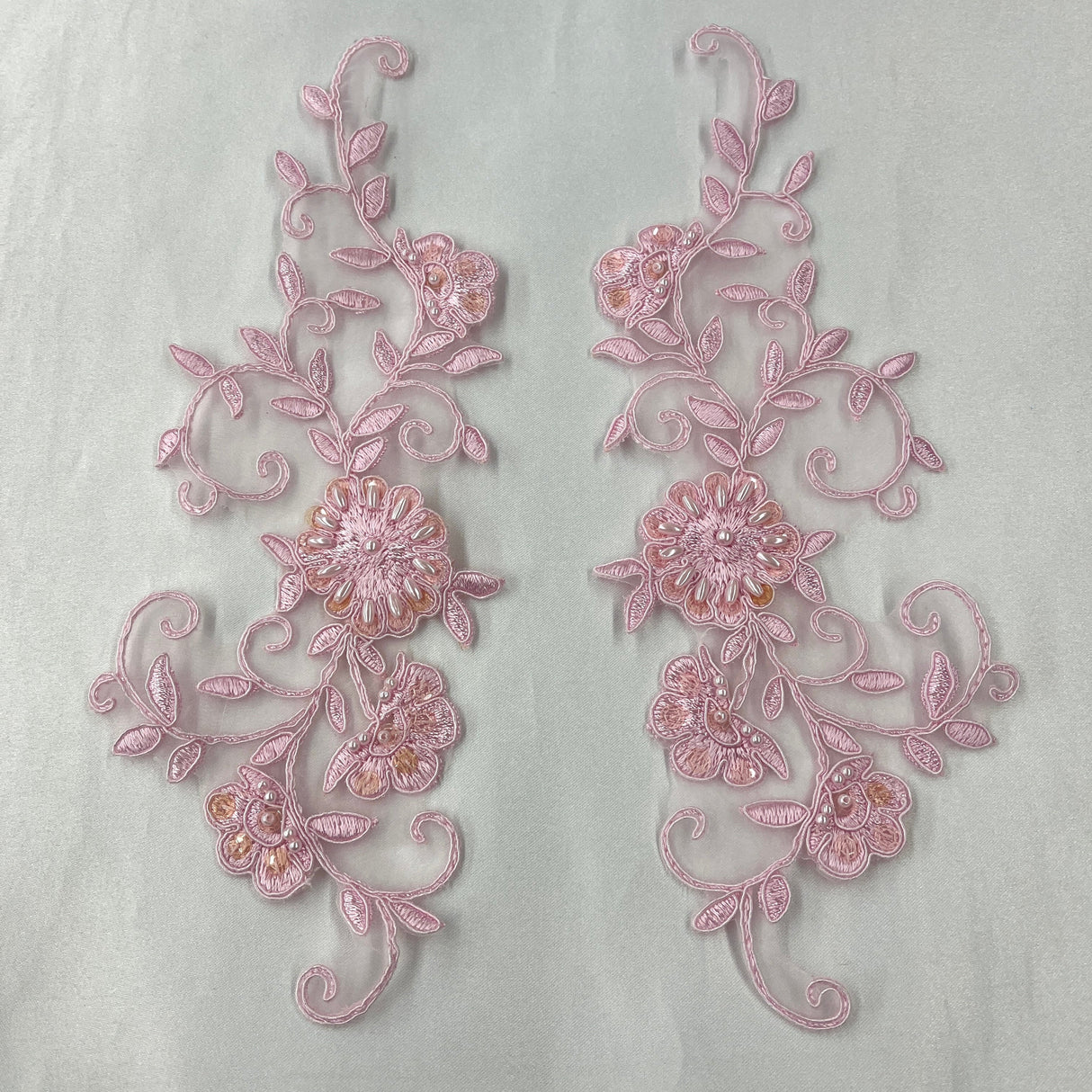 Beaded Corded Floral Lace Applique Embroidered Polyester Fabric - Floral, 9.5" X 2" (1 Pair)