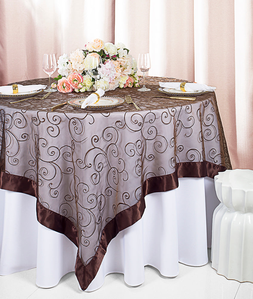 Embroidered Organza Square Table Overlay 85x85 Chocolate