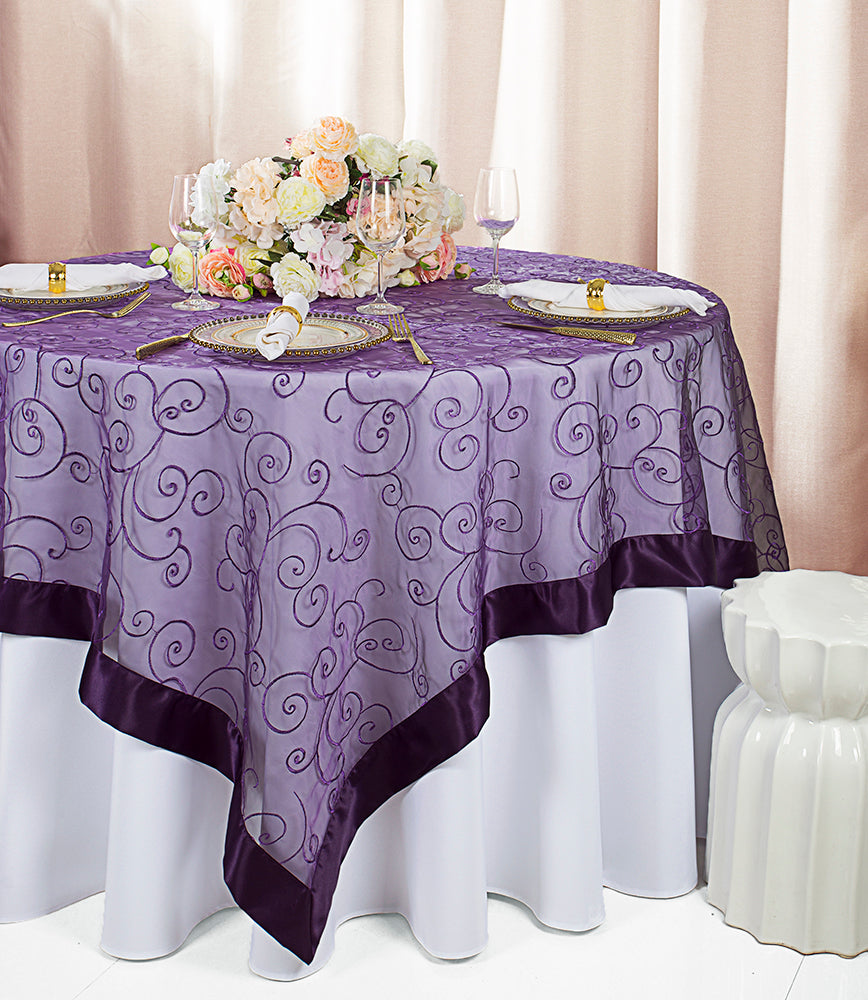 Embroidered Organza Square Table Overlay 85x85 Eggplant