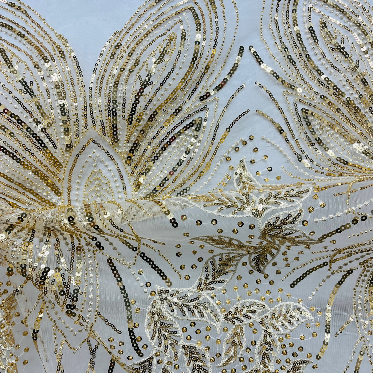 Beaded Sequined Lace Fabric Leaf Vine