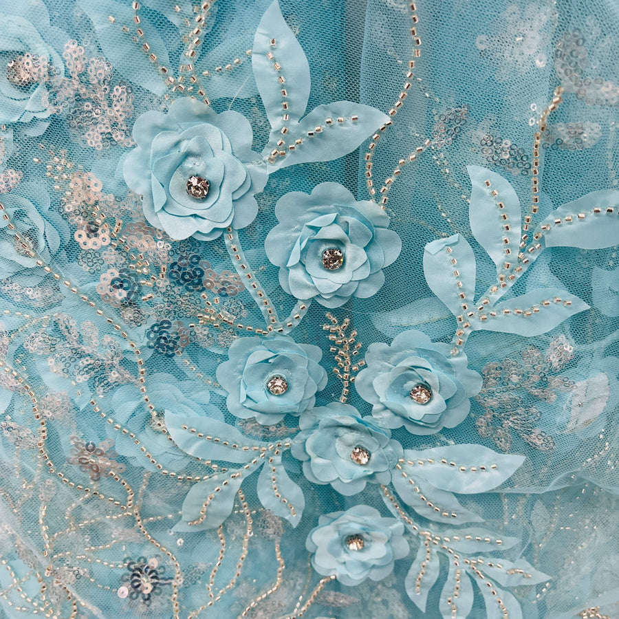 1 Yard Beaded 3D Floral Lace Fabric Embroidered on 100% Polyester Net Mesh