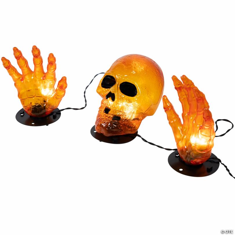 8.5" Lighted Orange Skull and Hands Outdoor Halloween Decoration - 4ft Black Wire