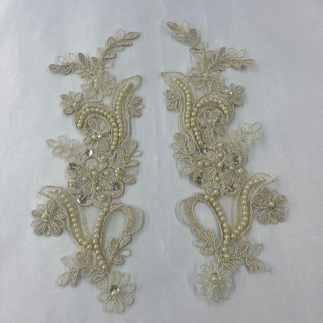 1 Pair Beaded & Corded Floral Lace Applique 9" x 2.5" Each Side