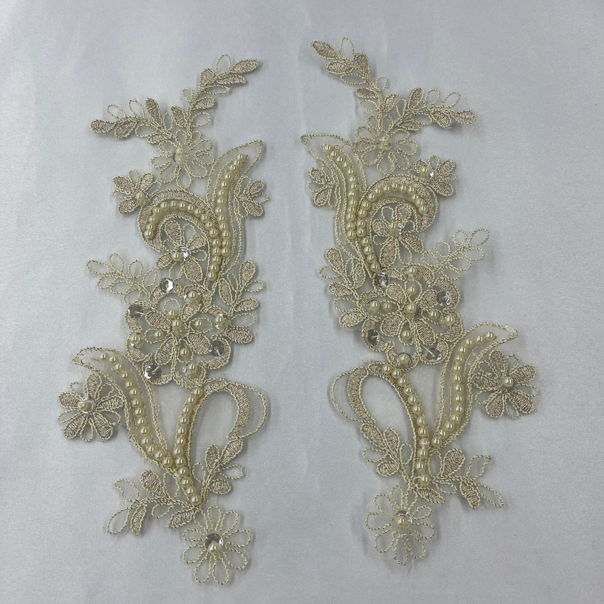 Beaded Corded Floral Lace Applique Pair