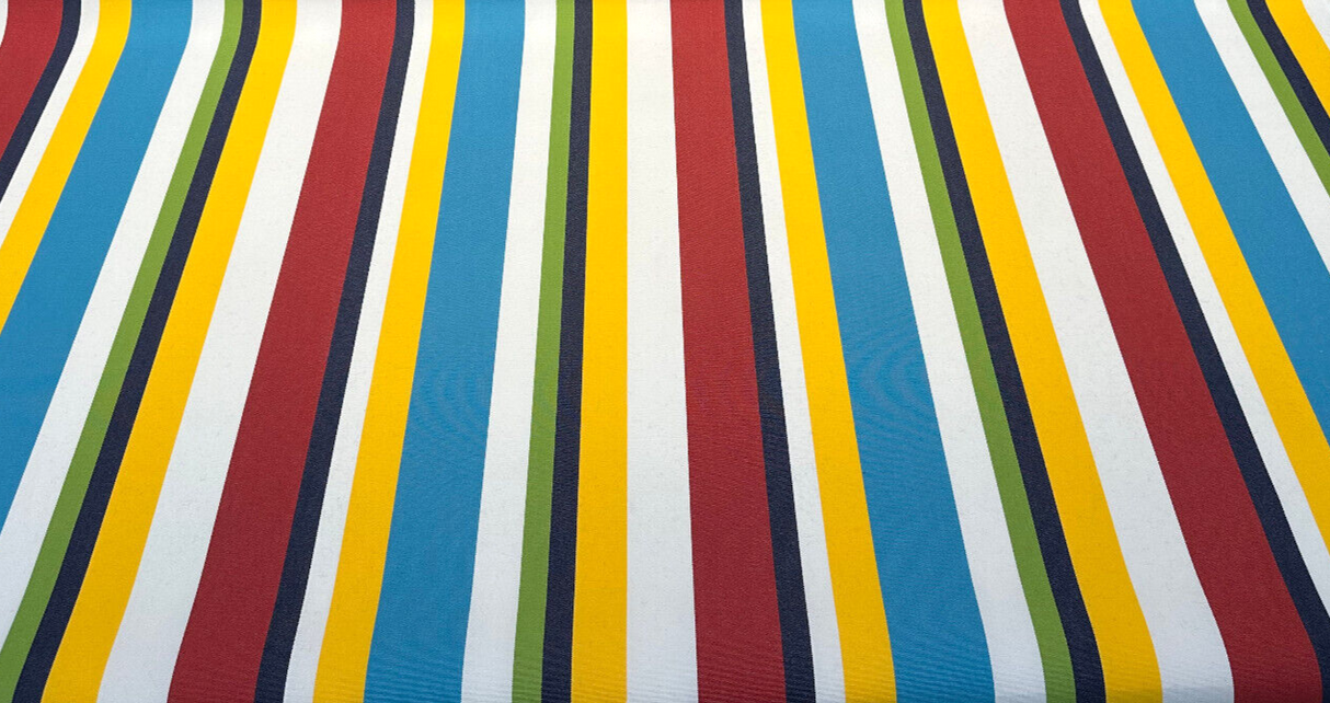 Sunbrella Panorama Carnival Acrylic Fabric - Red, Blue, Yellow Stripe, 54" Width (1 Yard)
