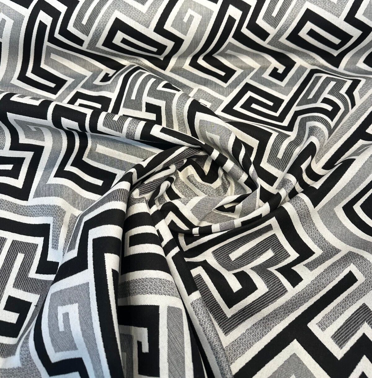 Sunbrella Network Labyrinth Black Milliken Upholstery Outdoor Fabric - Black Gray Geometric Labyrinth Pattern, 54" Width (1 Yard)