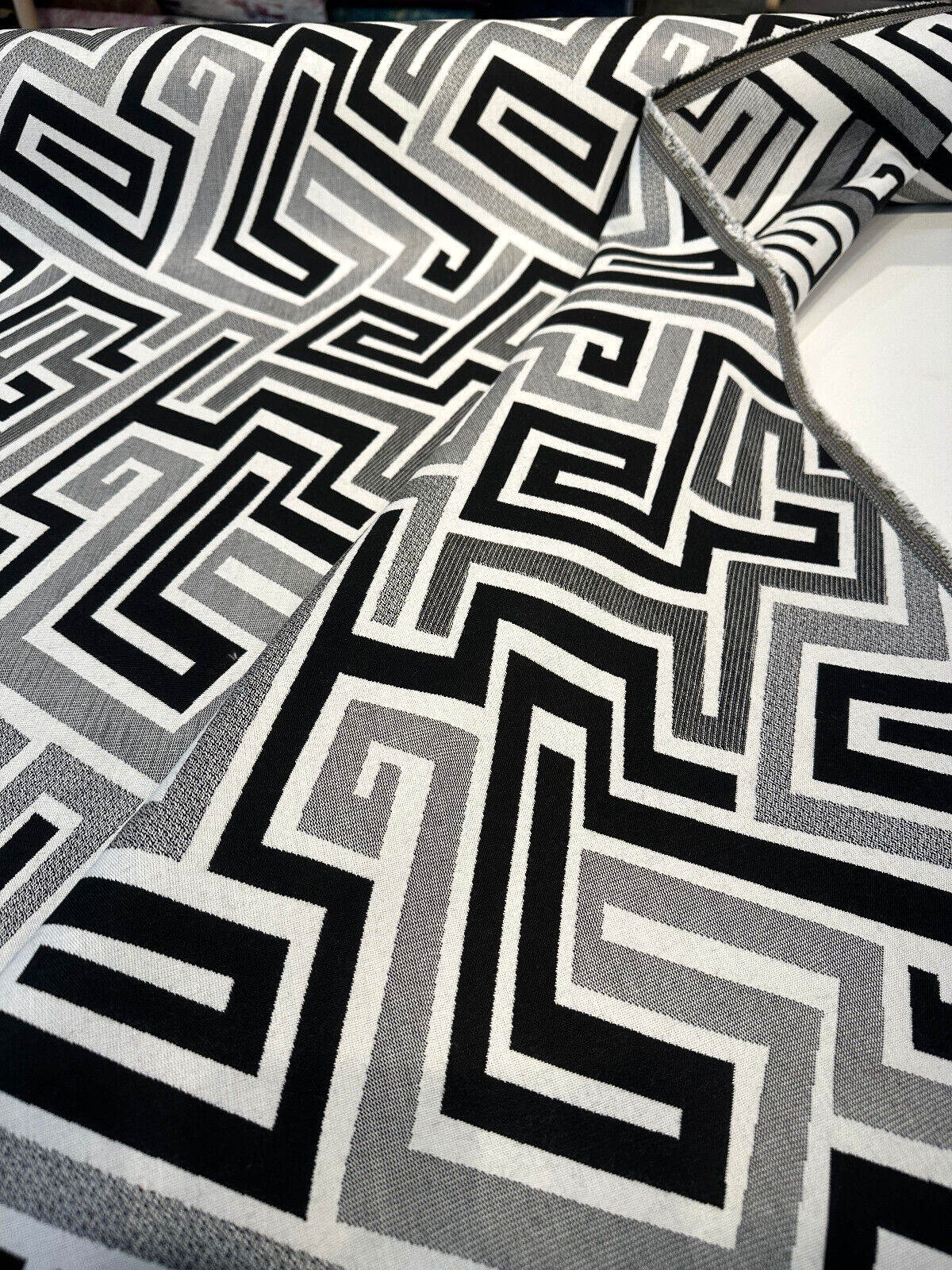 Sunbrella Network Labyrinth Black Milliken Upholstery Outdoor Fabric - Black Gray Geometric Labyrinth Pattern, 54" Width (1 Yard)