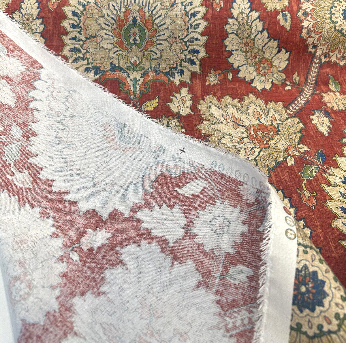 Waverly Castleford Garnet 100 Percent Cotton Fabric - Damask Print, Red Yellow Beige Blue, 54" Width (By The Yard)