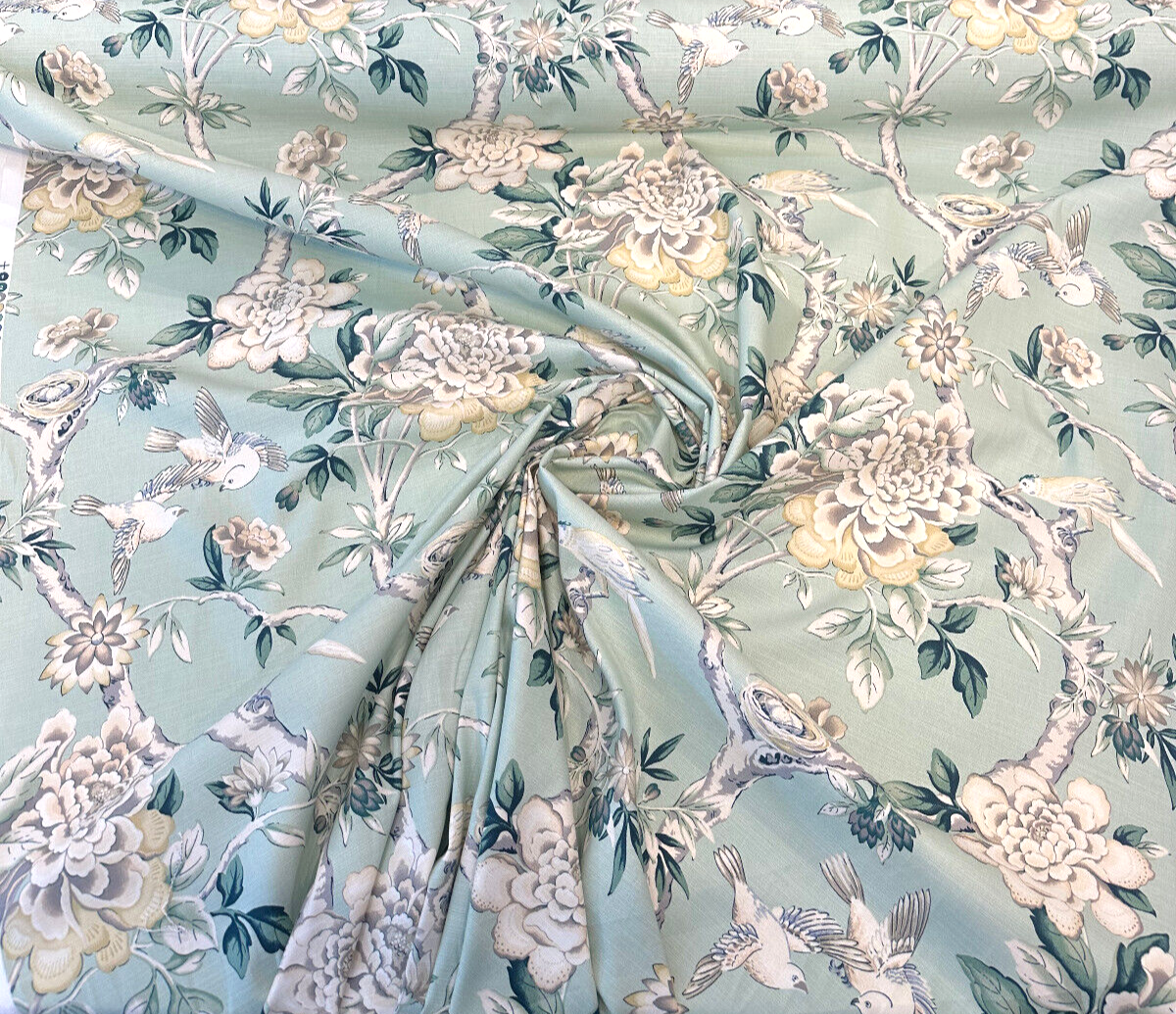 Waverly Mudan Jelep Green Cotton Fabric - Floral Birds, Jelep Green, 54" Width (1 Yard)