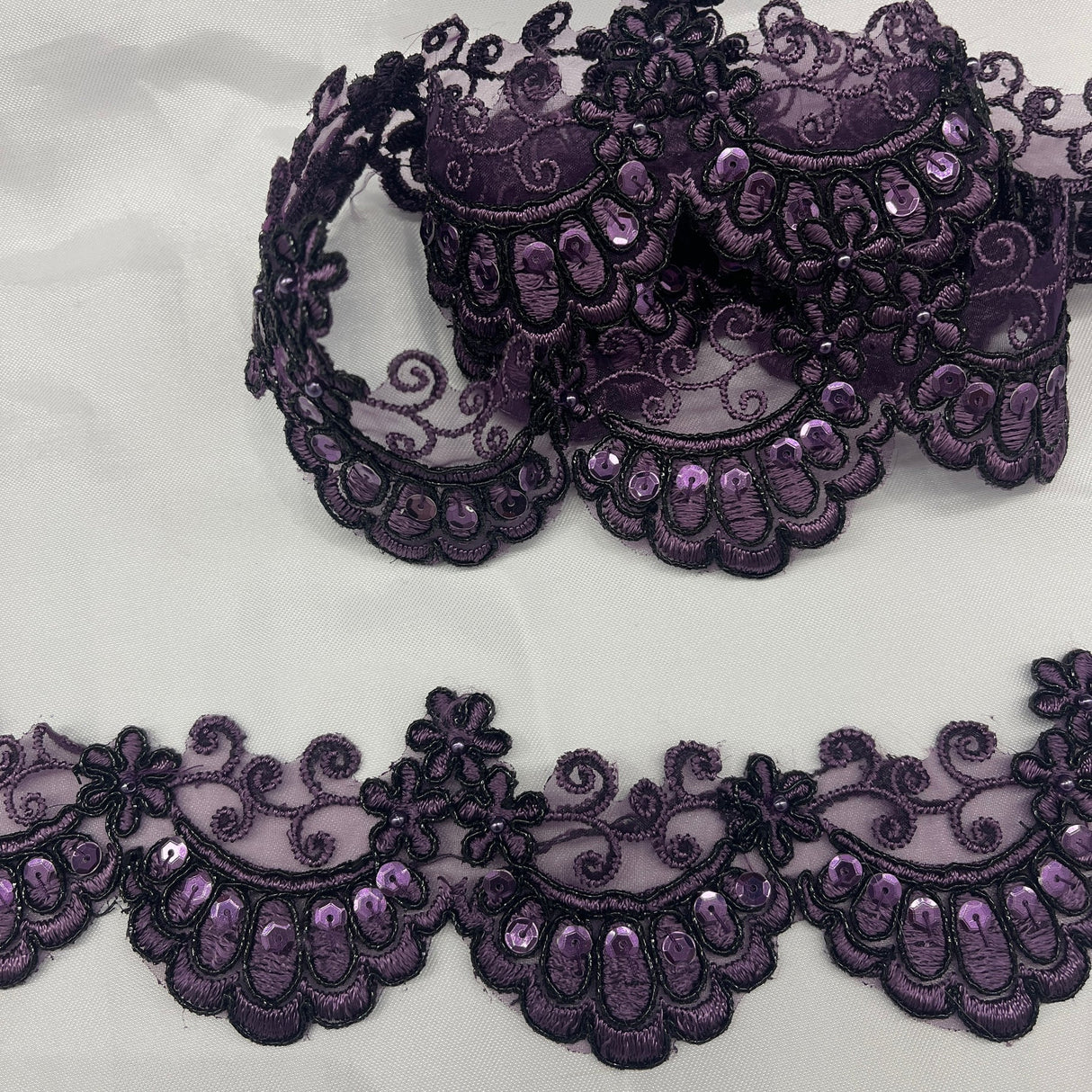 1 Yard Beaded & Corded Embroidered Lace Trim 2.5" Wide 100% Polyester Net Mesh for Special Occasion Dresses