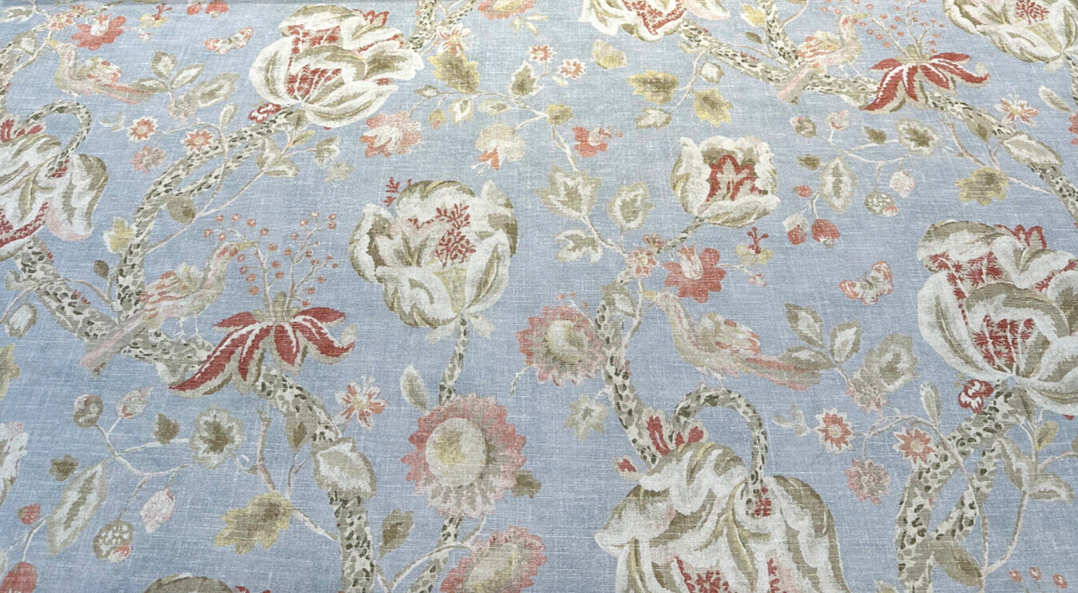 Adalet Chambray Gray Jacobean Cotton Linen Fabric - Gray Floral Jacobean, 54" Width (1 Yard)