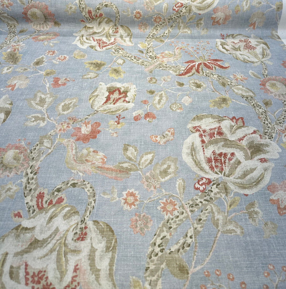 Adalet Chambray Gray Jacobean Cotton Linen Fabric - Gray Floral Jacobean, 54" Width (1 Yard)