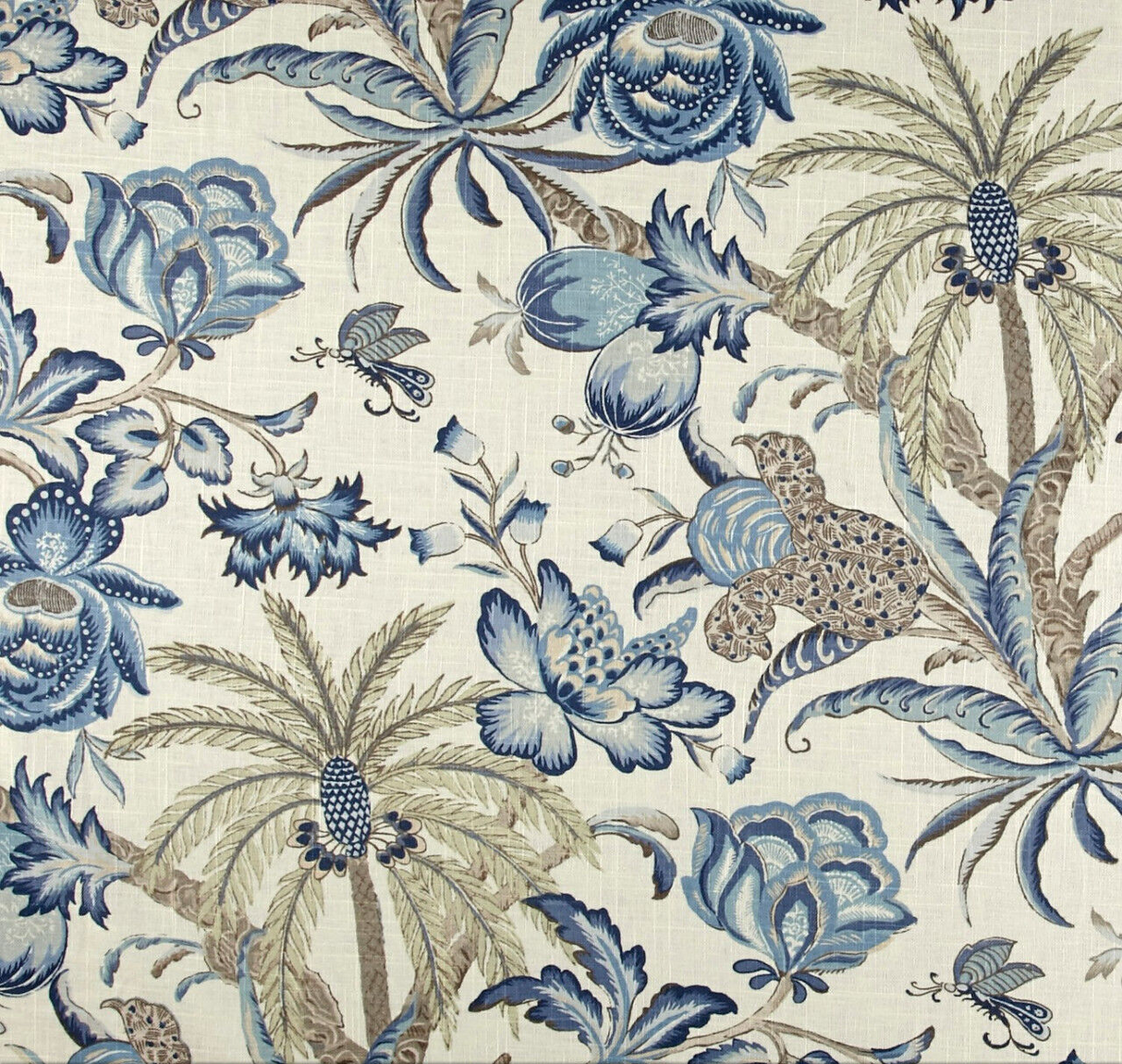 Waverly Exotic Curiosity Linen Fabric - Porcelain Tropical Palm Trees, Flowers, Foliage, 54" Width (1 Yard)