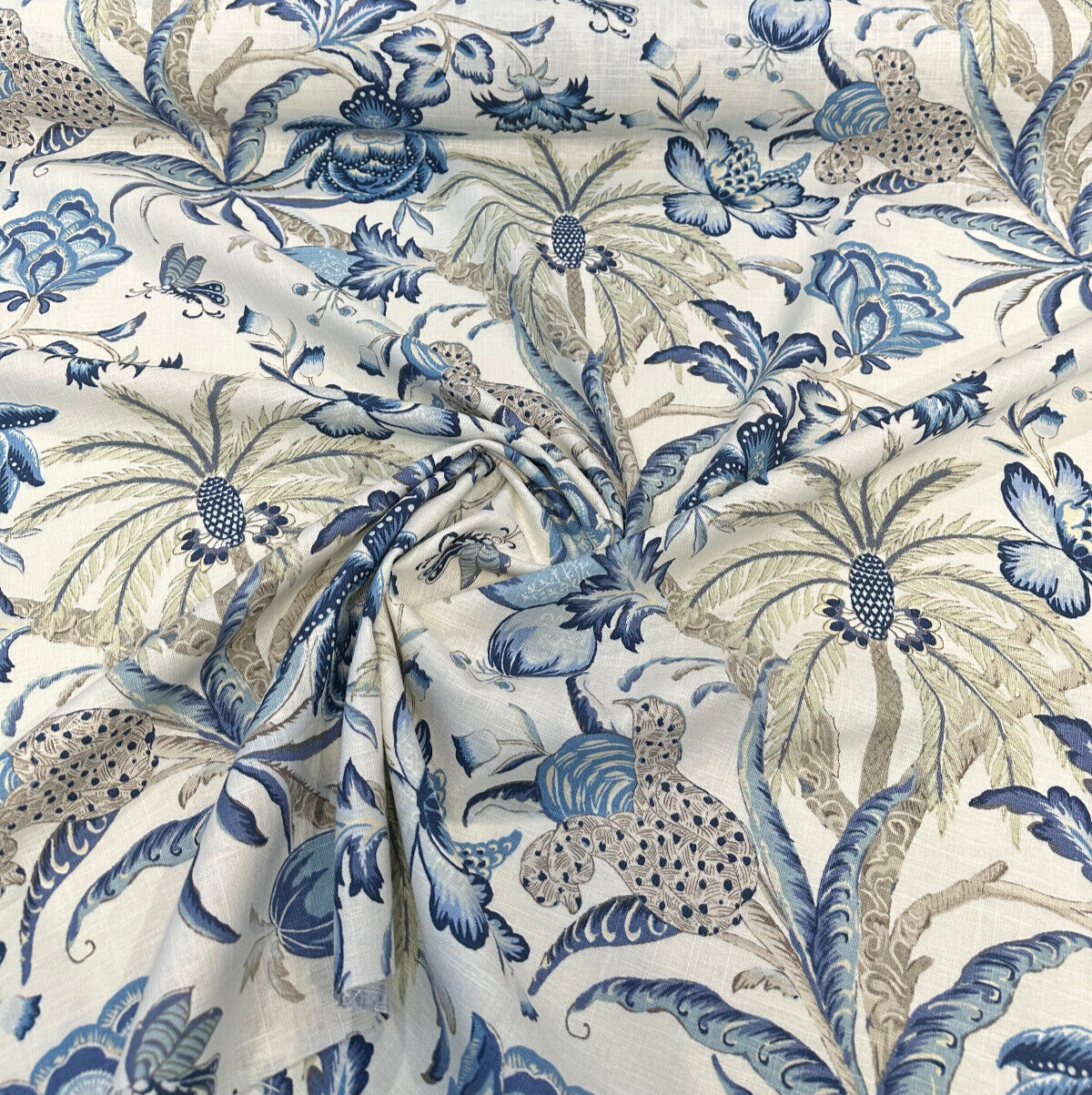 Waverly Exotic Curiosity Linen Fabric - Porcelain Tropical Palm Trees, Flowers, Foliage, 54" Width (1 Yard)