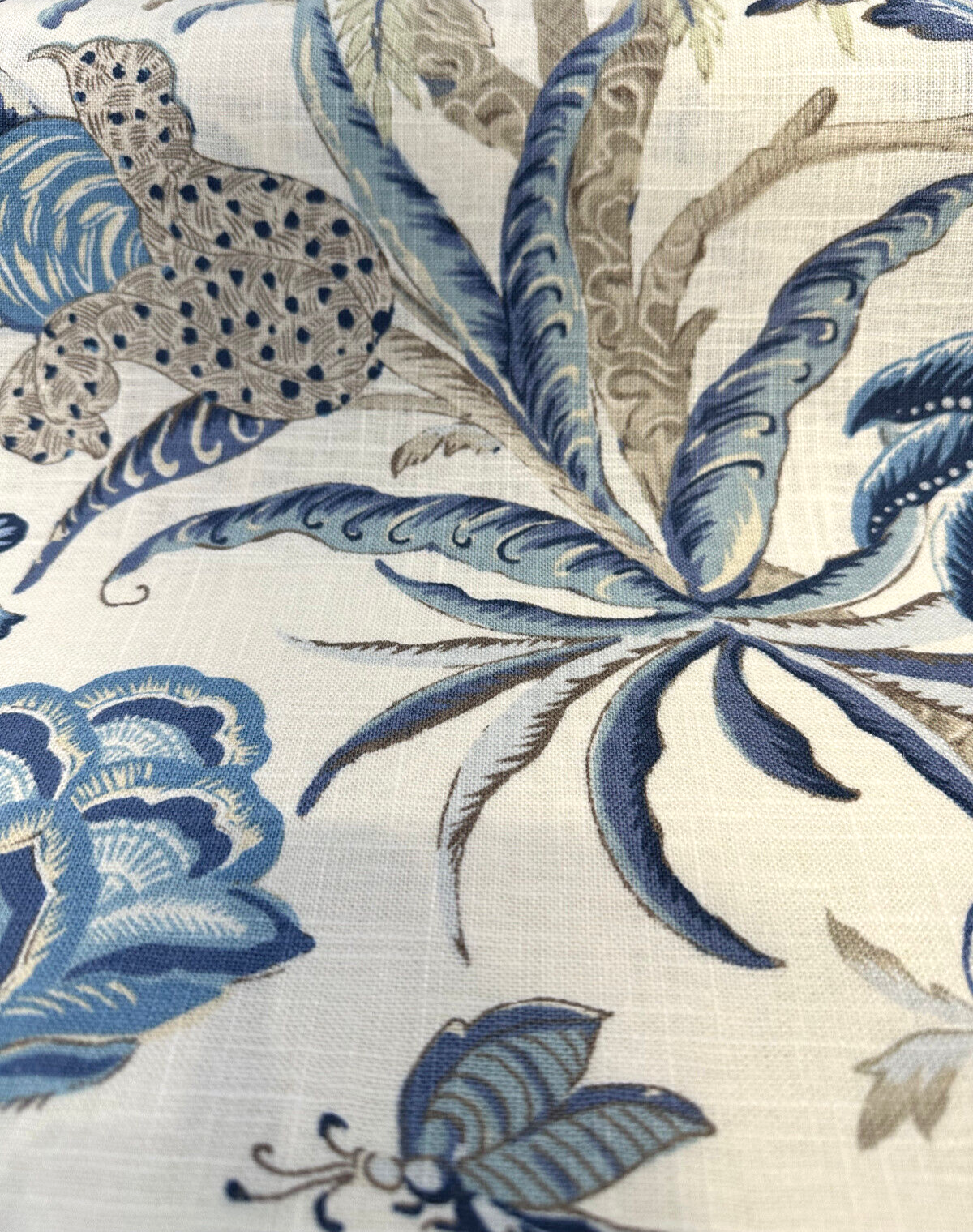 Waverly Exotic Curiosity Linen Fabric - Porcelain Tropical Palm Trees, Flowers, Foliage, 54" Width (1 Yard)