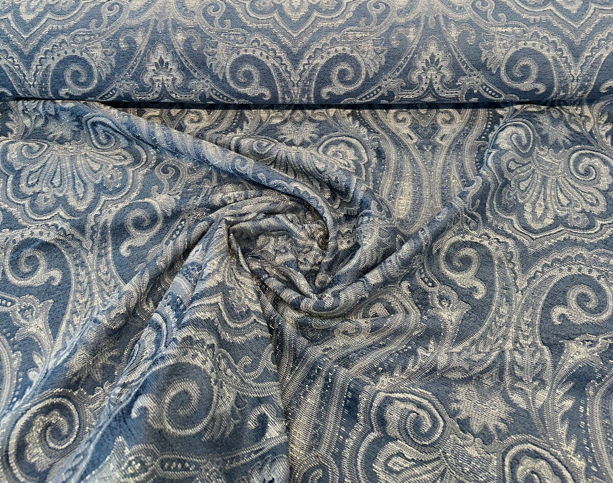 Waverly Clubroom Paisley Damask Prussian Chenille Upholstery Fabric - Prussian Blue Paisley Damask, 54" Width (1 Yard)