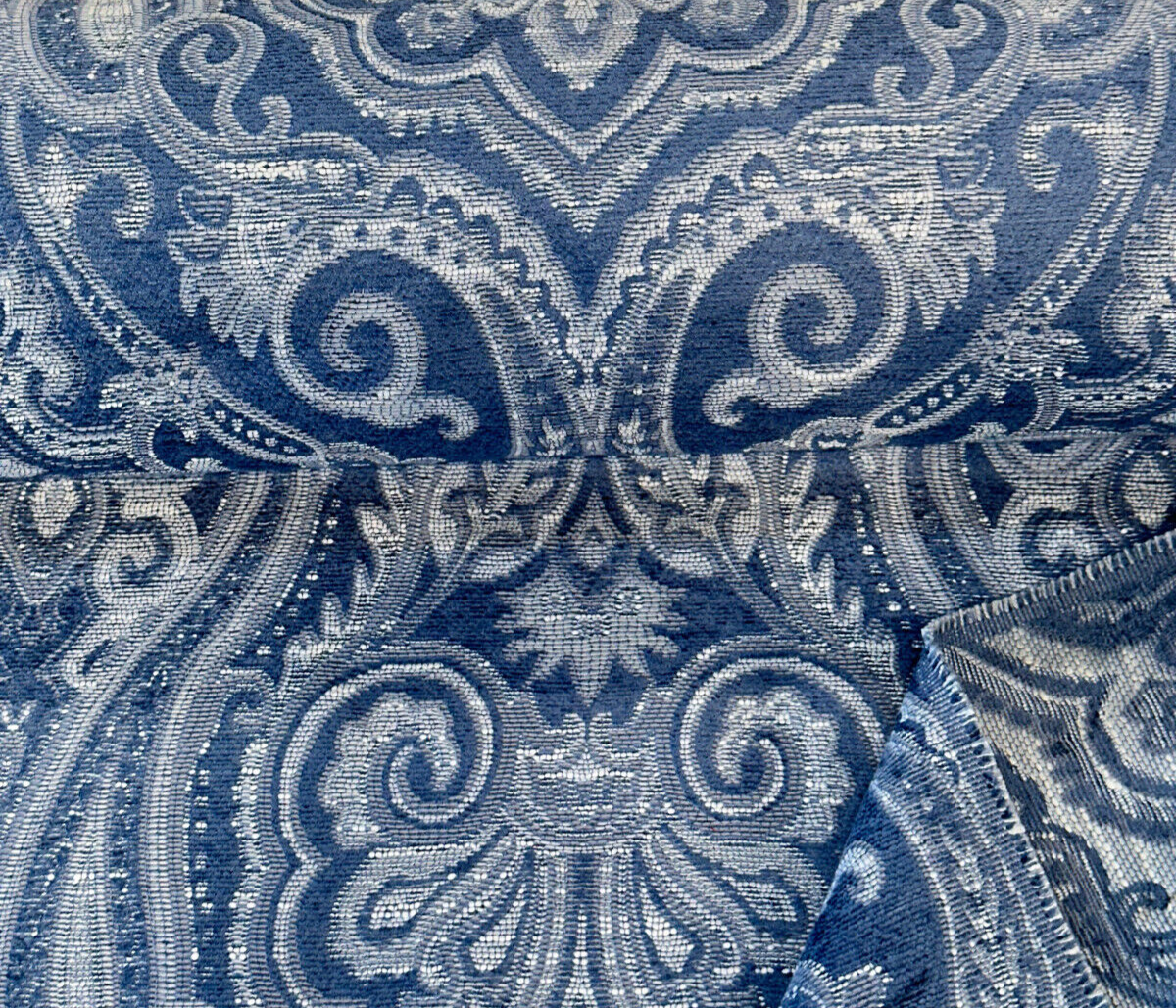 Waverly Clubroom Paisley Damask Prussian Chenille Upholstery Fabric - Prussian Blue Paisley Damask, 54" Width (1 Yard)