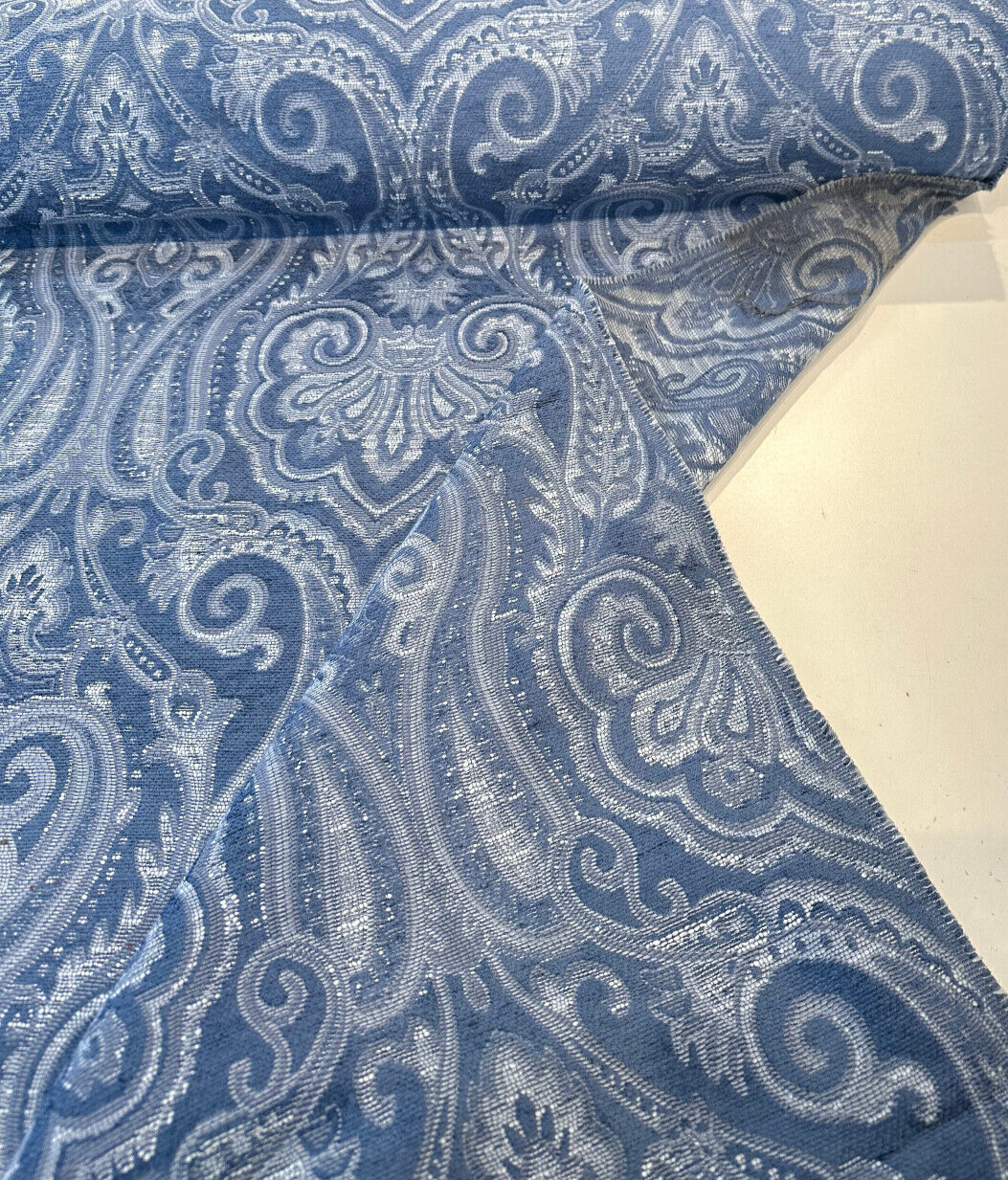 Waverly Clubroom Paisley Damask Prussian Chenille Upholstery Fabric - Prussian Blue Paisley Damask, 54" Width (1 Yard)